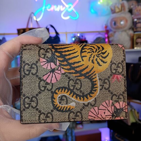 Gucci GG Supreme Canvas Brown Leather Tiger Compact Wallet Full Set - Picture 7 of 15